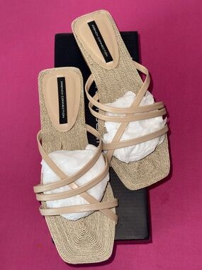 French Connection Neutral Tan Strappy Slide Sandals